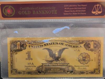 24k Gold-Plated Replica U.S. $1 1899 Silver Certificate "Black Eagle" Note, COA, KL