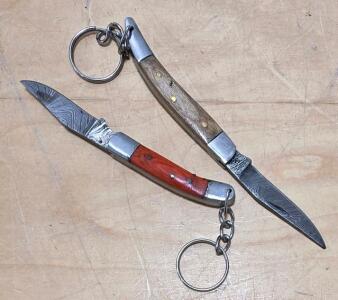 (2) Damascus Steel Pocket Knife Keychains With Wood Handles