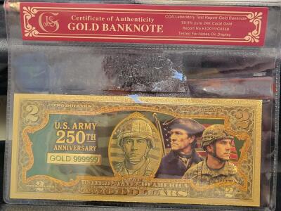Commemorative 24K Gold-Plated $2 Banknote &ndash; U.S. Army 250th Anniversary Edition