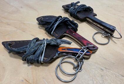 (3) Minature Damascus Steel Kitchen Keychain Knives With Sheaths