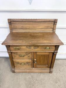 Victorian Oak Washstand Cabinet with Carved Drawers and Brass Hardware, c.1890-1910, 3 Drawers/1 Door