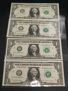 Set of 4 U.S. $1 Star Notes - 2013 & 2017, Dallas/Cleveland/SF/Atlanta, Circulated
