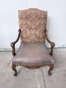 Hand-Carved French Provincial Style Arm Chair, Damask Back, Leather Seat, Ornate Wood Frame
