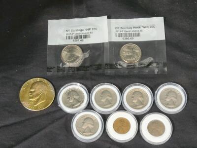 2015-P Bombay Hook & Saratoga Quarters, 1976 Eisenhower Dollar, Washington Quarters, Wheat Cents