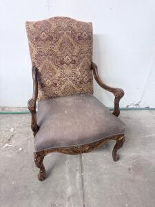 Vintage Ornate Carved Wood Armchair, Damask Upholstery, Brown Seat, 27"x28"x44" Traditional Style