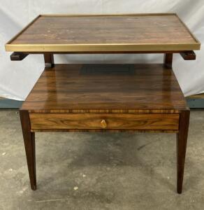 Keno Bros. Two-Tier Modern Wood Side Table with Drawer, Brass Trim, Power/Data Port 26x26x18&rdquo;