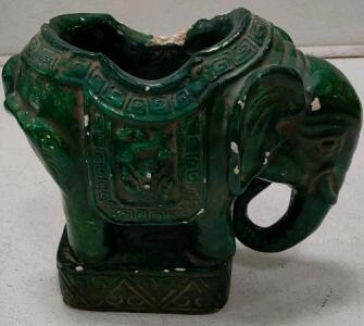 Vintage Green Ceramic Elephant Planter Vase, Asian Motif, Mid-Century Decorative