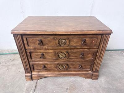 Traditional 3-Drawer Dresser, Brown Wood, Ornate Metal Pulls, Approx. 42"x18"x32"