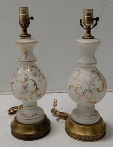 Pair of Vintage Milk Glass Table Lamps, Brass Base, Hand-Painted Floral & Gold Scrollwork, 1950s
