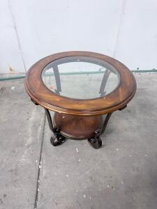 Round Glass-Top Wood Side Table with Lower Shelf, Scroll Legs, 26"x24", Dark Finish