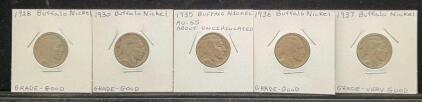 (5) Buffalo Nickles Dated 1928, 1930, 1935, 1936 and 1937