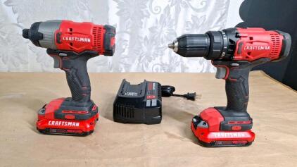 (1) Craftsman V20 Cordless 1/2" Drill, (1) Craftsman V20 Cordless 1/4" Impact Driver, (2) Batteries & (1) Charger