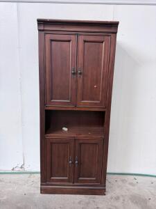 Tall Wooden Storage Cabinet, 4 Doors, Dark Walnut Finish, 72x30x16 in, Ornate Hardware