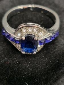 9 Stone Blue Sapphire .925 Ring, Size 9&frac12;