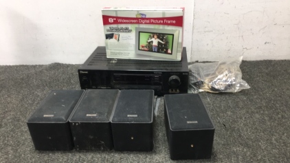(4) Sherwood Speakers, (1) Sherwood Dolby Audio/Video Receiver, (1) Digital Picture Frame, (1) Sherwood Remote