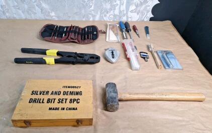 (1) Silver & Deming 8-Piece Drill Bit Set, (1) 3Lb Hand Sledge, (1) Apollo 1/2" / 3/4" Pex Crimp Tool & Assorted Hand Tools
