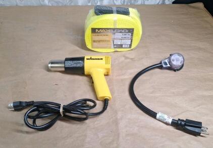 (1) Wagner Heat Gun, (1) 15-Amp To 30-Amp RV Power Adapter & (1) 4" x 30' Heavy Duty Tow Strap