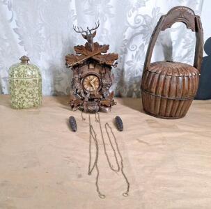 (1) German Cuckoo Clock, (1) Vintage Ceramic Vase W/Lid & (1) Vintage Wooden Bucket W/ Lid