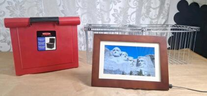 (1) GiiNii Digital Picture Frame, (1) Rubbermaid Portable File Tote & (2) Wire Baskets