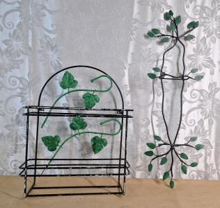 (1) Vintage Black Metal 2-Tier Rack W/ Green Ivy Leaf Accents, 15"L x 7"W x 19" & (1) Decorative Metal Wall Hanging W/ Green Leaf Accents, 9"W x 30"T