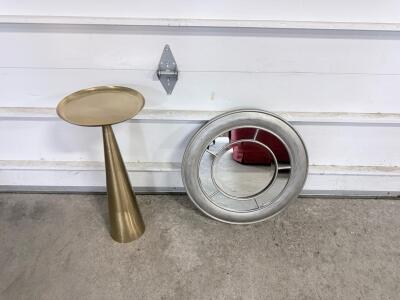 Round 28" Brushed Silver Metal Wall Mirror and 26" Gold Modern Pedestal Side Table, Metal Frame