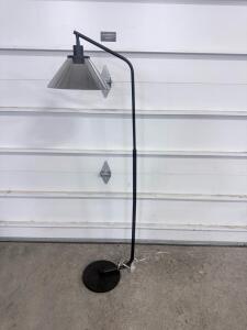Modern Black Metal Floor Lamp with Smoked Glass Shade, Adjustable Arm, 68" Tall, Minimalist Design