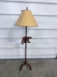 Rustic Floor Lamp - Bear Silhouette, Pine Tree Finial, 58" Tall, Tan Shade, Stitched Edge