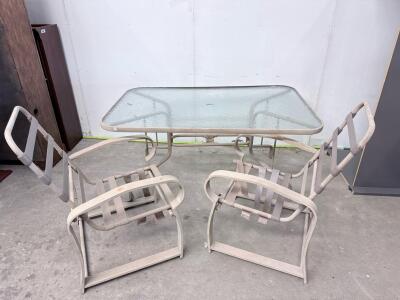 Outdoor Patio Dining Set with Glass-Top Table and 4 Vinyl Strap Chairs, Beige