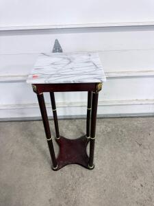 Marble Top Plant Stand, 29"H, Dark Wood with Brass Accents, Square Veined Marble Table