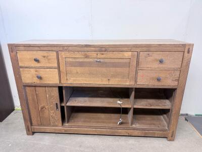 Solid Wood Sideboard with 5 Drawers, Sliding Door & Open Shelves, Cable Management, 60" Wide