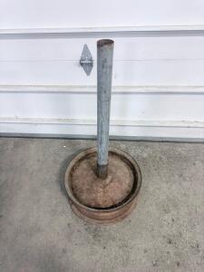Heavy Duty Steel Wheel Base Stand with 36" Pole, Rusted Finish, Upcycled Car Rim Construction
