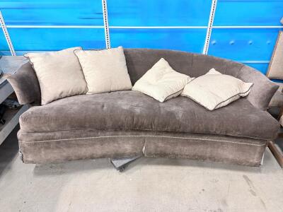 Curved Grey Velvet Sofa with Nailhead Trim, 3-Seat, 4 Cushions, Approx. 96" Wide