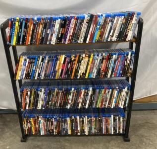 Over 200 Blu-ray Movie Collection with Black 4-Shelf Metal Storage Rack, Mixed Genres, Region A