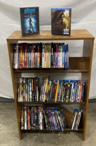 Wooden Media Shelf with 4 Shelves and 60+ DVDs/Blu-rays- The Abyss- Jurassic World 3d and More
