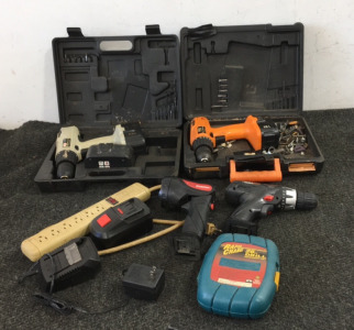 (3) Vintage Drills With Batteries, (1) Drill Accessory Set, Surge Protector