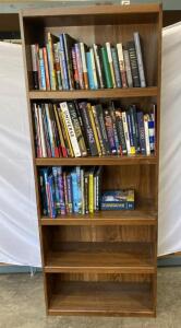 Tall Brown 5-Shelf Wooden Bookcase with ~50 Science, History & Travel Books (Various Titles)