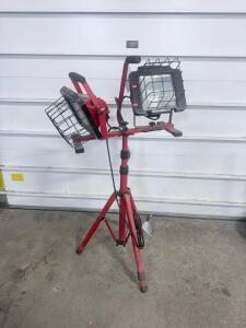 Dual 500W Halogen Work Light on Adjustable Red Tripod Stand, AC Corded, Adjustable Heads