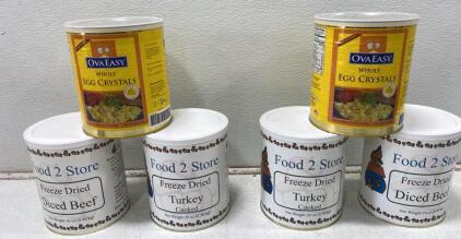 6 Can Lot: OvaEasy Egg Crystals, Food 2 Store Freeze Dried Diced Beef & Turkey #10 Emergency Food