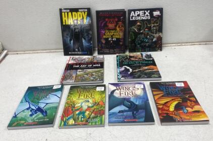 Graphic Novel Lot: Wings of Fire Books 1-3 & 6, The Art of War, Cthulhu, Happy!, FNAF, Apex Legends