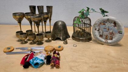 Large Lot Brass Goblets, Gulf Ceramic Plate, Decorative Brass Birdcage, Dolls & Wind Chimes Set