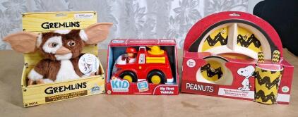 (1) Gremlins Dancing Gizmo Plush Doll, (1) Peanuts 5-Piece Bamboo Fiber Dinnerware Set & (1) Kid Connection My First Vehicle