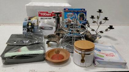 Assorted Household Items Lot with Utility Tools, Kitchenware, and Decor
