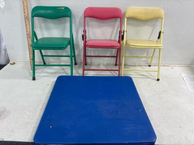 (3) Kids chair(12.5inLx11inWx 21.5 inH), Kids folding Table (24inLx 24inWx30inH)