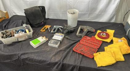 (3) staple guns a box of screw driver bits soldering gun and more