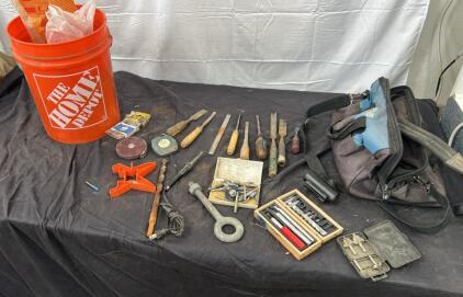 (9) wood chisels (3) wood working bits (2) vintage measuring tapes and more Wood Working Tool Kit