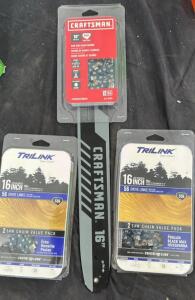 (30) Multi colored flashlights (2) inch chainsaw chains (1) Craftsmen chainsaw bar and chain combo 16&rdquo;