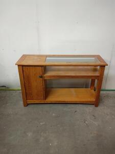 Wood Console Table with Glass Top & Storage Cabinet, 2 Shelves, Light Oak Finish,