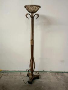 Ornate Wrought Iron Torchiere Floor Lamp, 72" Tall, Rope & Leaf Motif, Frosted Glass Shade
