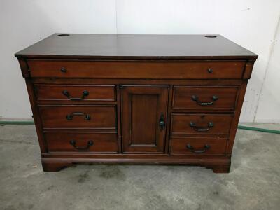 Wood Office Desk Credenza, 7 Drawers, Center Cabinet, Mahogany Finish, Cable Management, 60"x20"x32"
