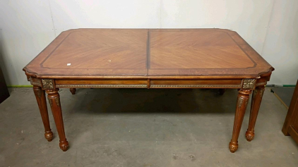 Ornate Rectangular Solid Wood Dining Table, Carved Floral Legs, Inlaid Top, c.1920s&ndash;40s, 72"x40"